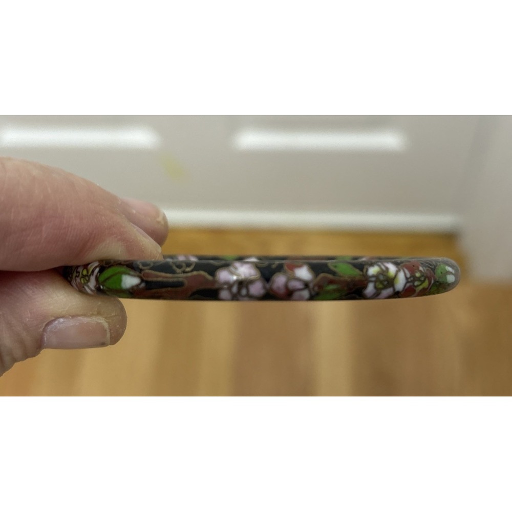 Vintage Cloisonne Enamel Bangle Bracelet Black Floral Cherry Blossom 3 Inch